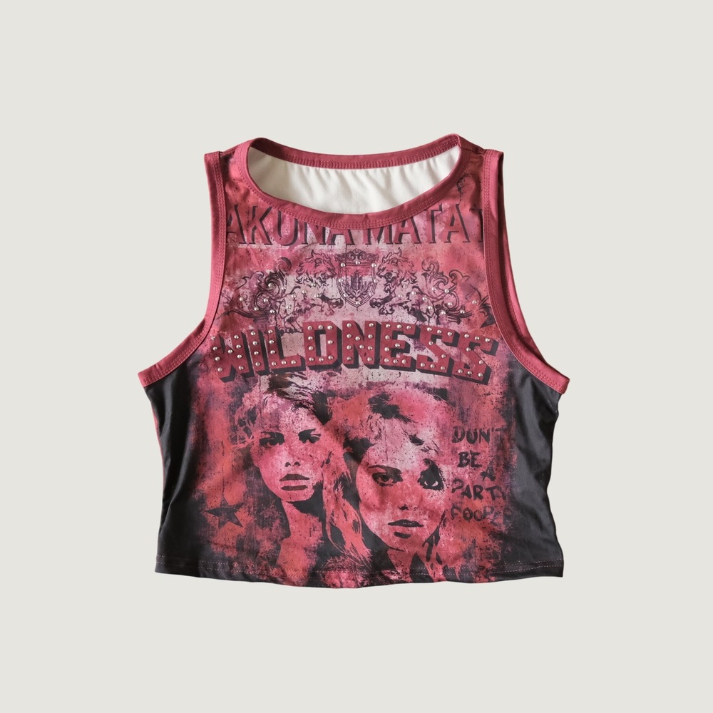 Romwe Tank Top Womens Large Red Studded Wildness Graphic Grunge Crop L